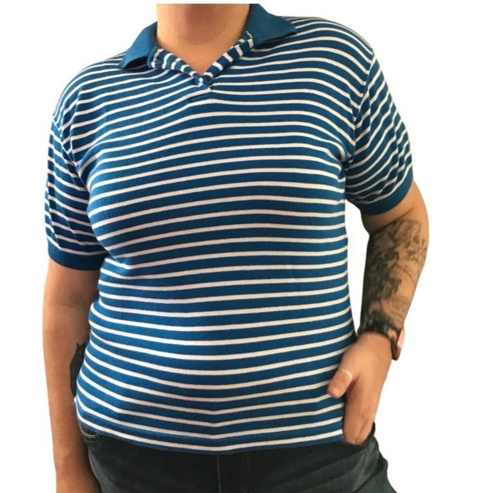 Vintage 80s Striped Blouse, Karen Scott Top, Large Short Sleeve 80s Plus Sized